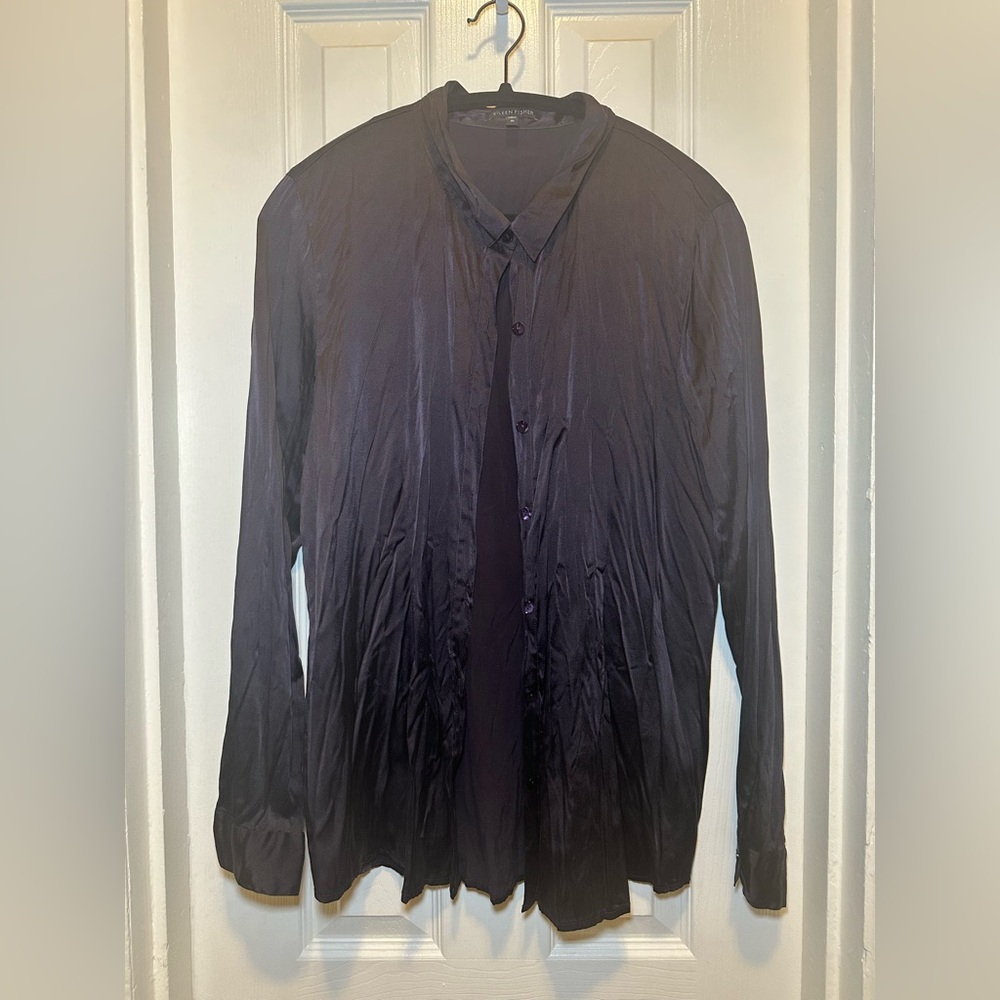 Eileen Fisher Crinkle Silk Collar Shirt in Aubergine